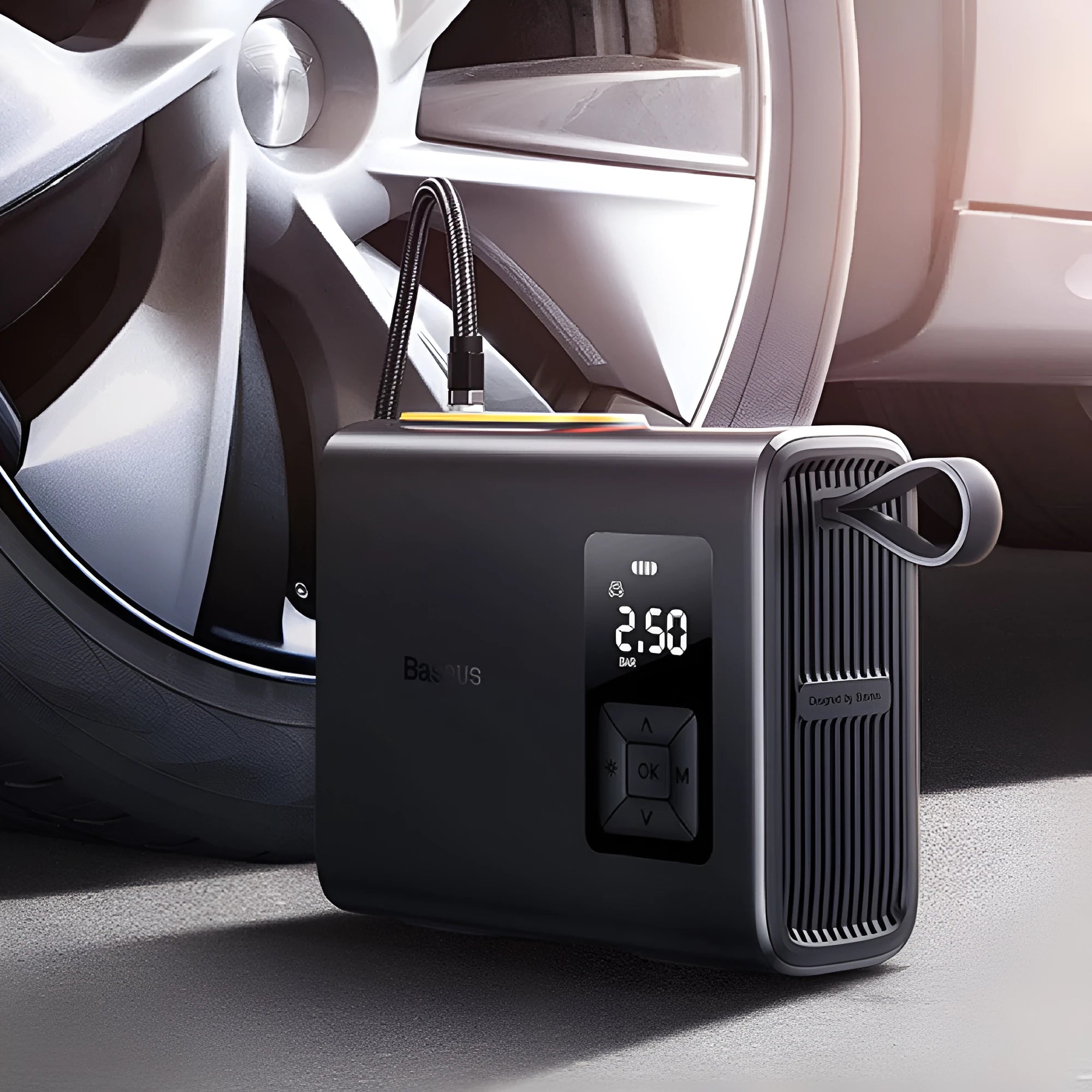 Black wireless car tyre inflator with compact design and LCD display