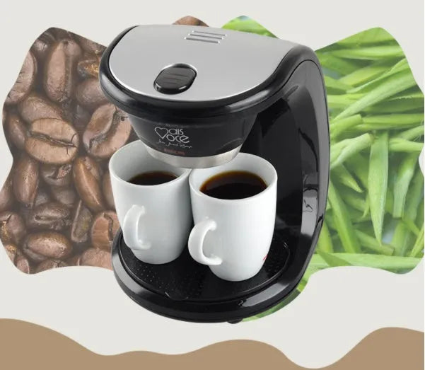 Automatic American coffee machine 230V 500W dual cup black model with two 180ml cups and spoon