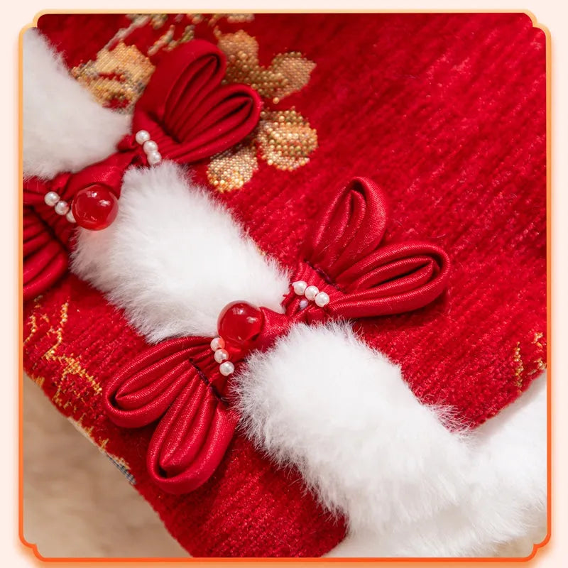 Red brocade pet vest with Chinese knot buttons and faux fur trim for Lunar New Year