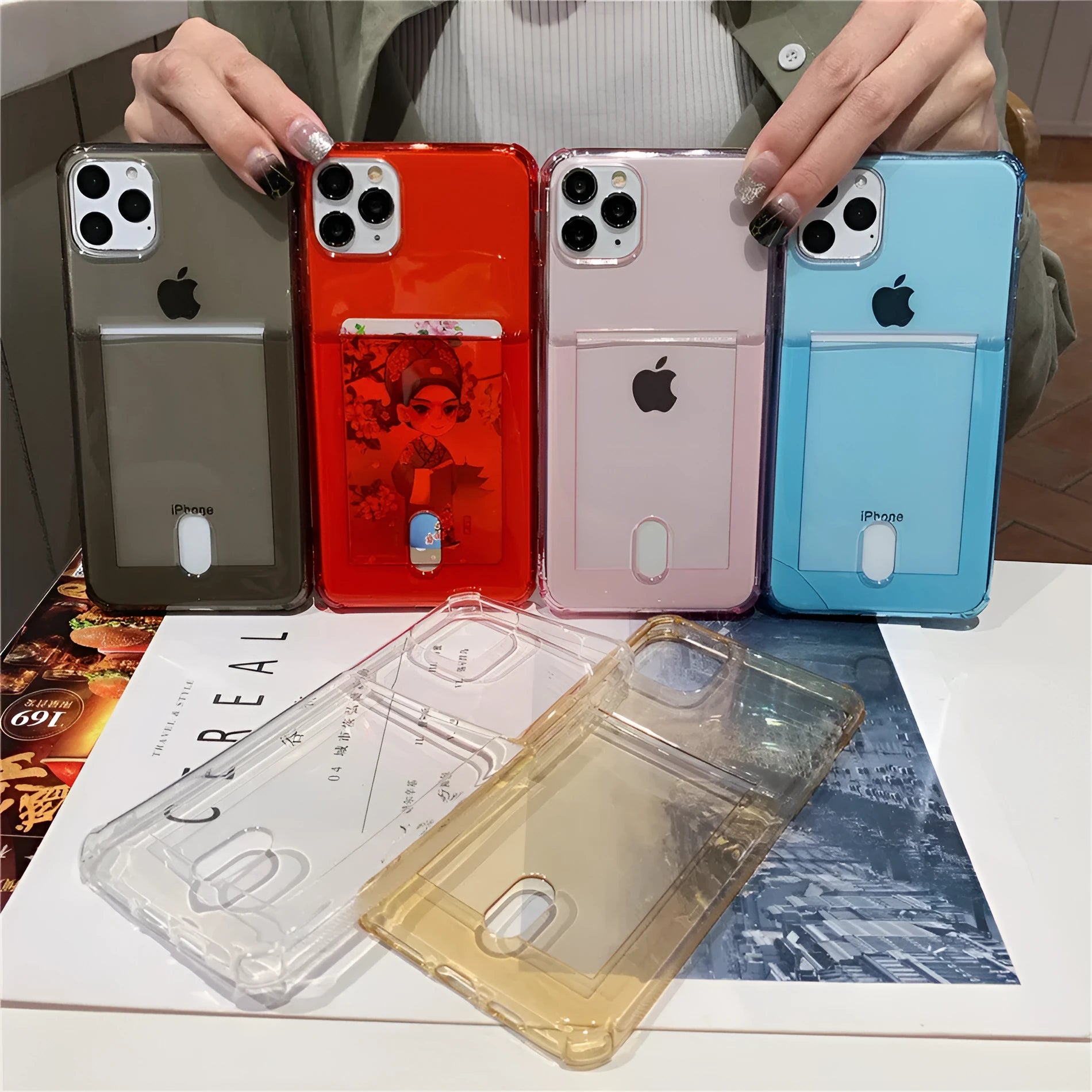 Transparent silicone card holder iPhone case showing card storage compartment with solid colour back cover