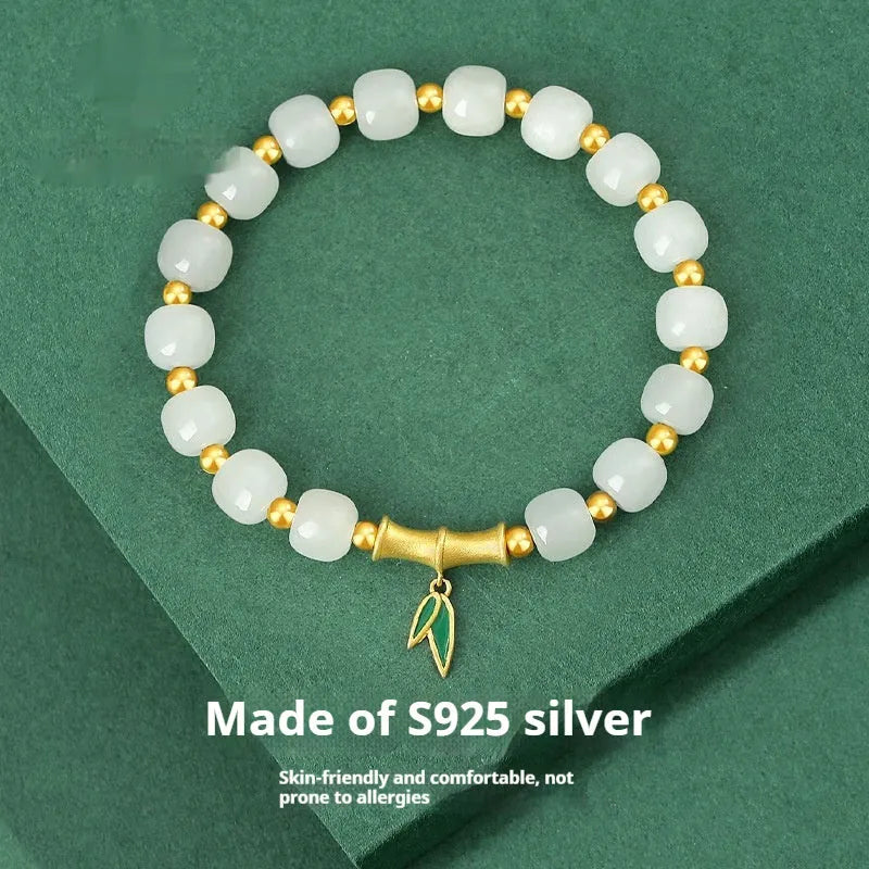 S925 sterling silver bracelet with 6mm natural Hetian jade beads and bamboo leaf design elements