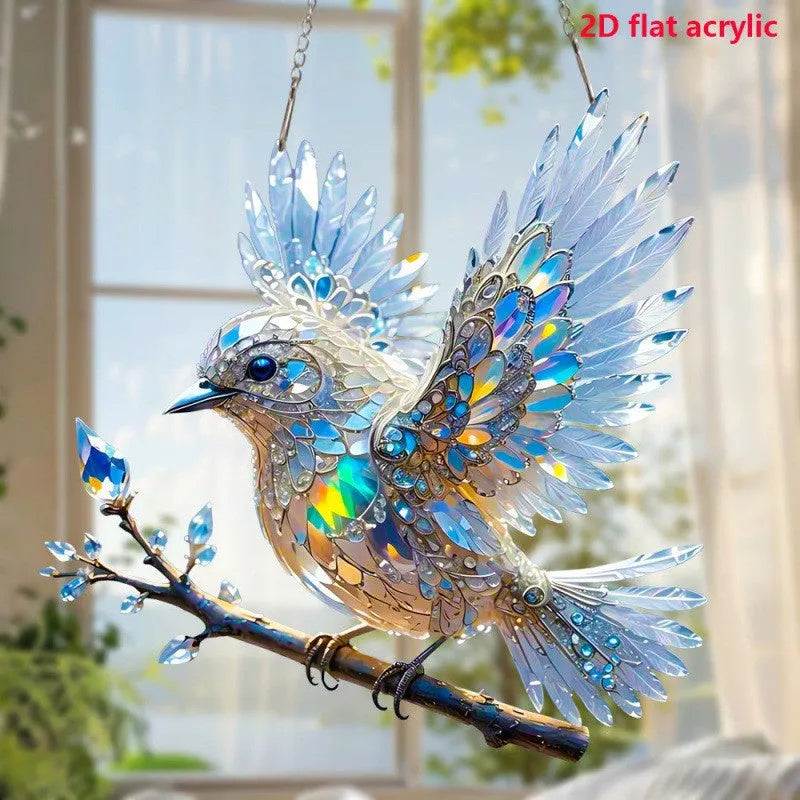 Cartoon style bird design printed on a square acrylic pendant ornament for wall decoration.