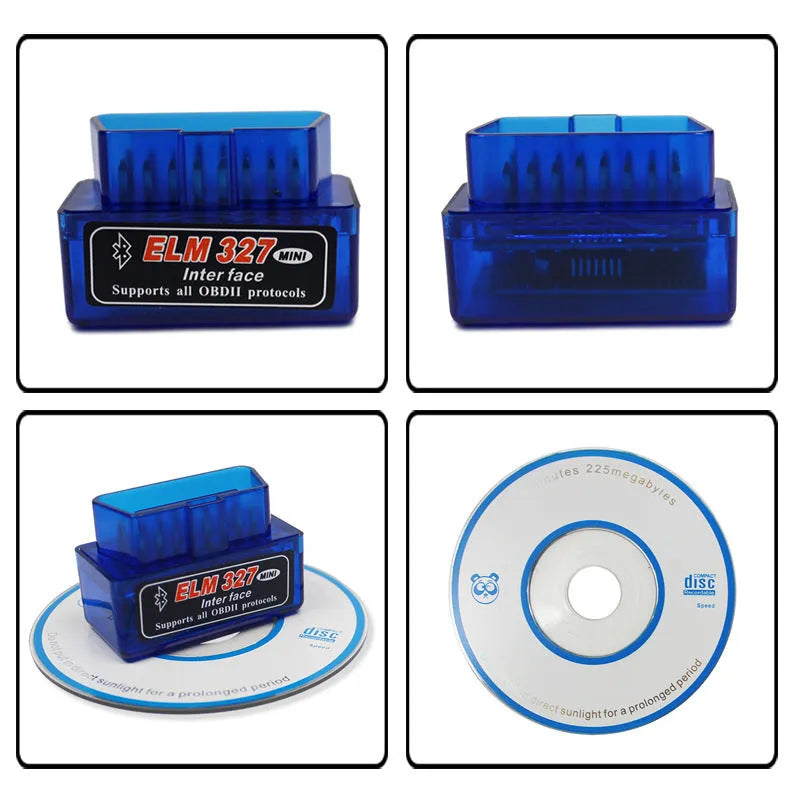 Small black OBD2 Bluetooth scanner car diagnostic code reader next to a vehicle's diagnostic port.