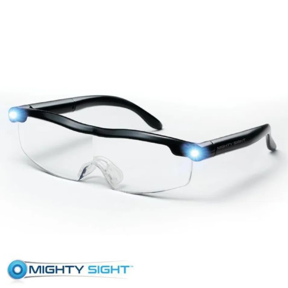 Transparent black USB LED reading glasses with integrated lights on the frame.