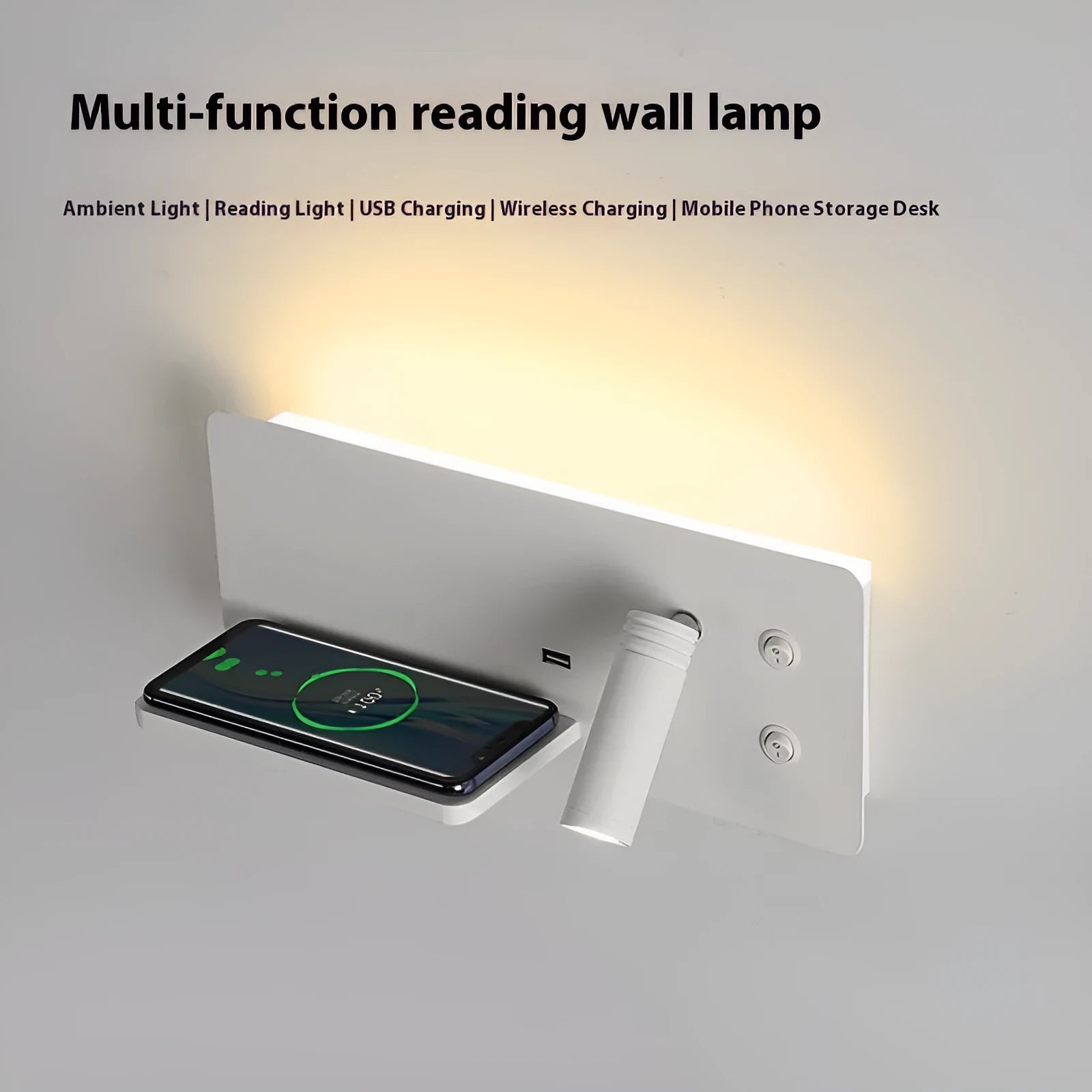 Modern minimalist Nordic style bedside wall lamp with USB wireless charging, iron shade, warm LED light