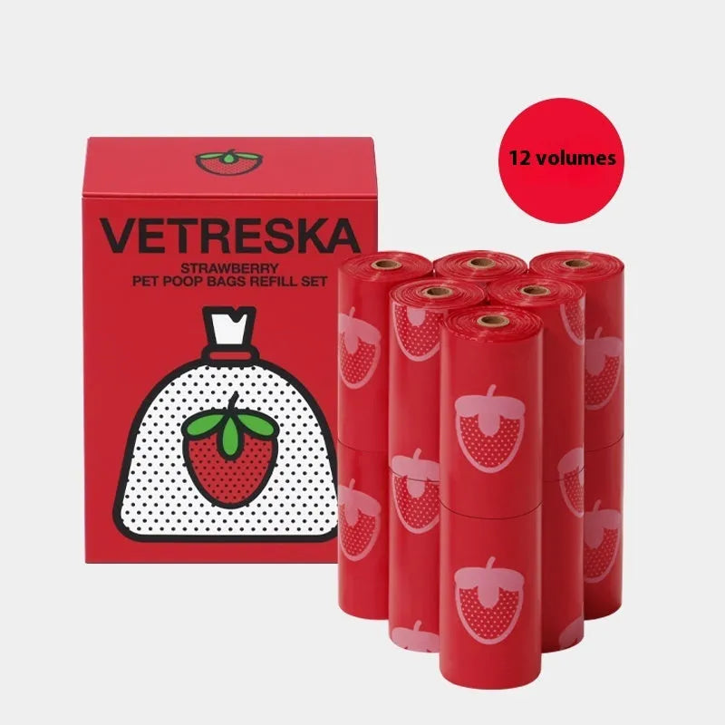 Colourful dog poo bag dispenser capsule with a roll of scented, biodegradable waste bags for dog walks