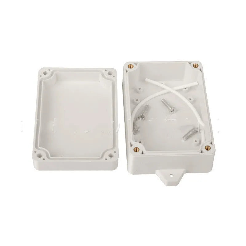 White ABS plastic security monitoring power supply waterproof box with dimensions 100mm by 68mm by 40mm.