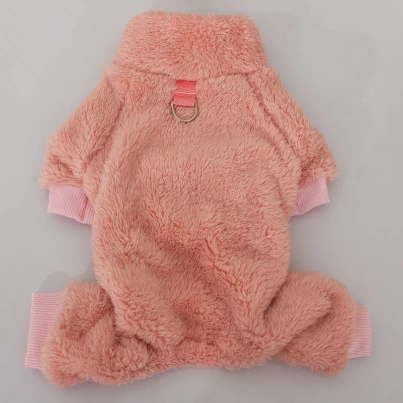 Four-legged dog coat in blue double-sided thick plush with high collar and towing ring