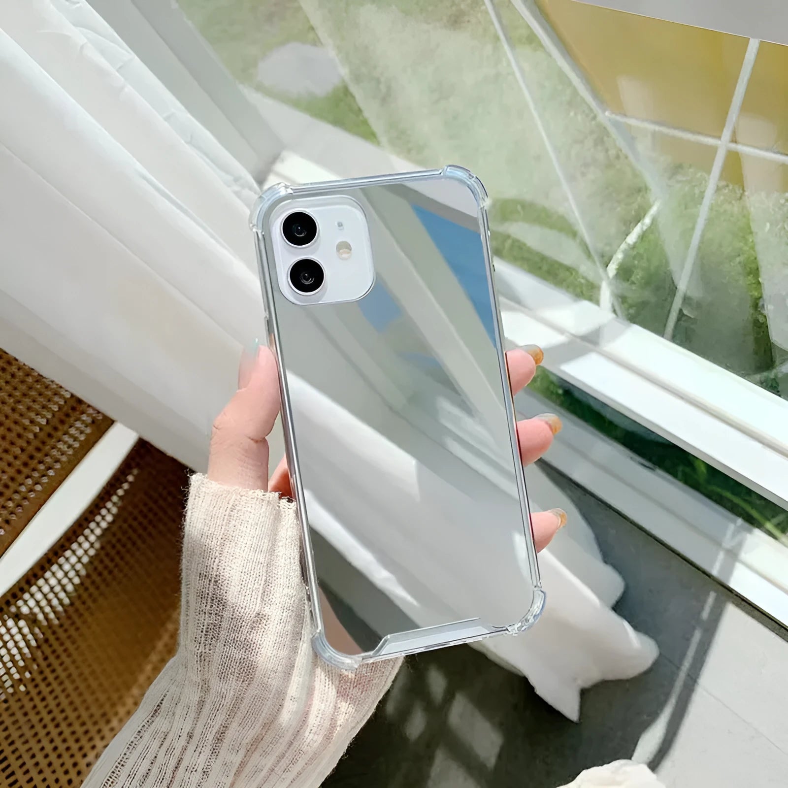 New mirror phone case drop-resistant full cover transparent painted TPU protective case for iPhone shown on white background
