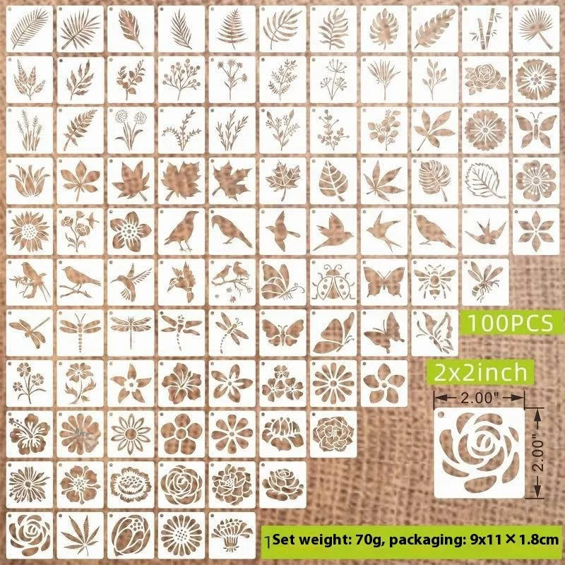 700 milky white PET film spray painting stencils showing 2-inch flower, leaf, bird, animal, letter, and ocean designs