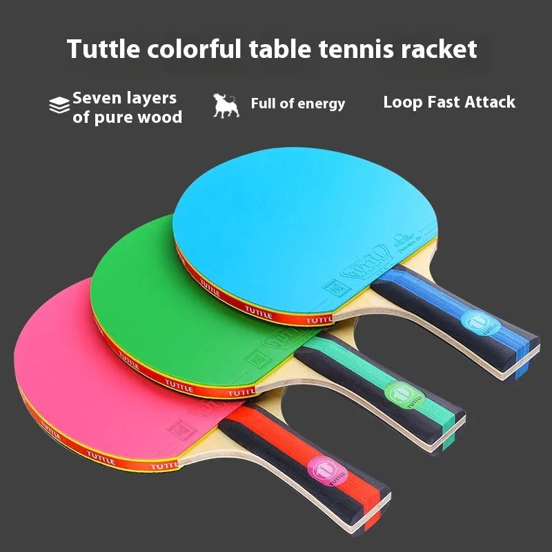 Colourful wood table tennis racket with shakehand grip and matching protective racket bag.