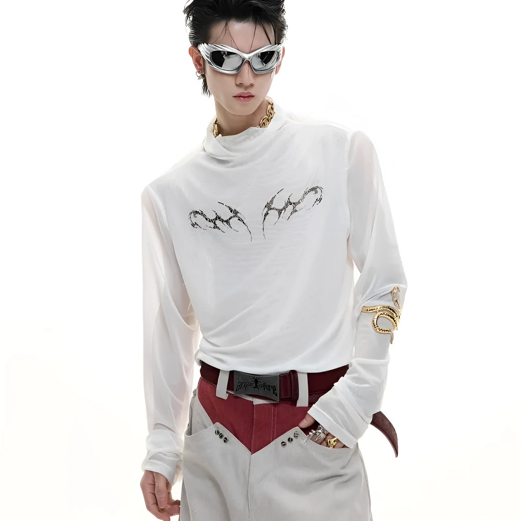 Niche Mesh Ice-feeling Slim Bottoming Shirt long sleeve top in black or white, slim fit.