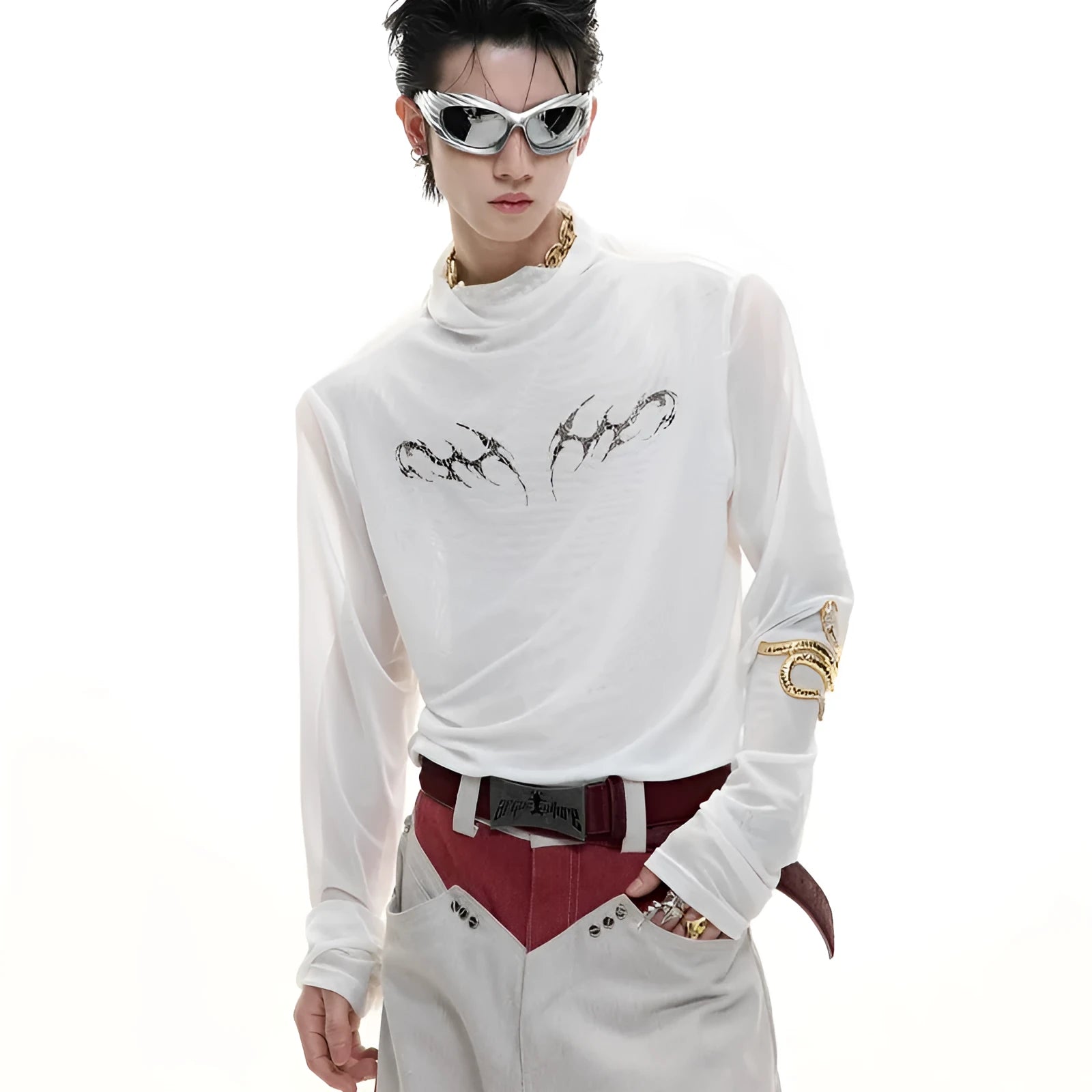 Niche Mesh Ice-feeling Slim Bottoming Shirt long sleeve top in black or white, slim fit.