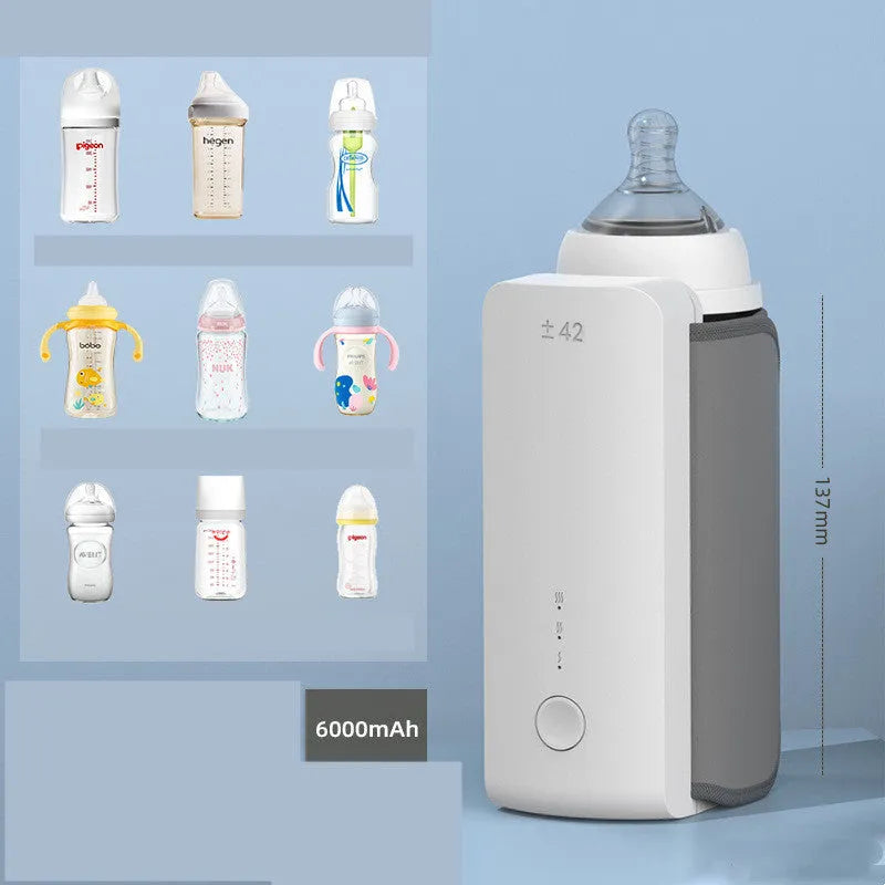 Portable milk warmer with white digital display, USB cable, and 6000mAh battery for bottle warming