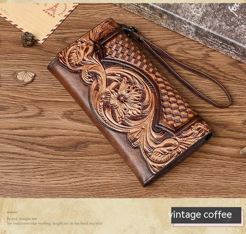 Retro brown women's tri-fold wallet with deep embossed floral pattern, shown open to reveal compartments.