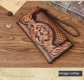 Retro brown women's tri-fold wallet with deep embossed floral pattern, shown open to reveal compartments.