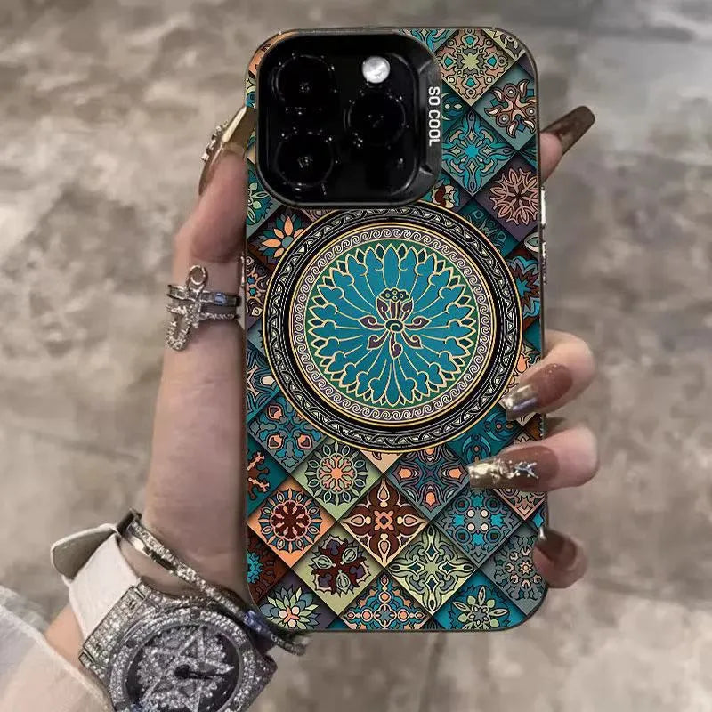 Ethnic pattern hard PC phone case for iPhone with matte anti-slip finish in silver colour