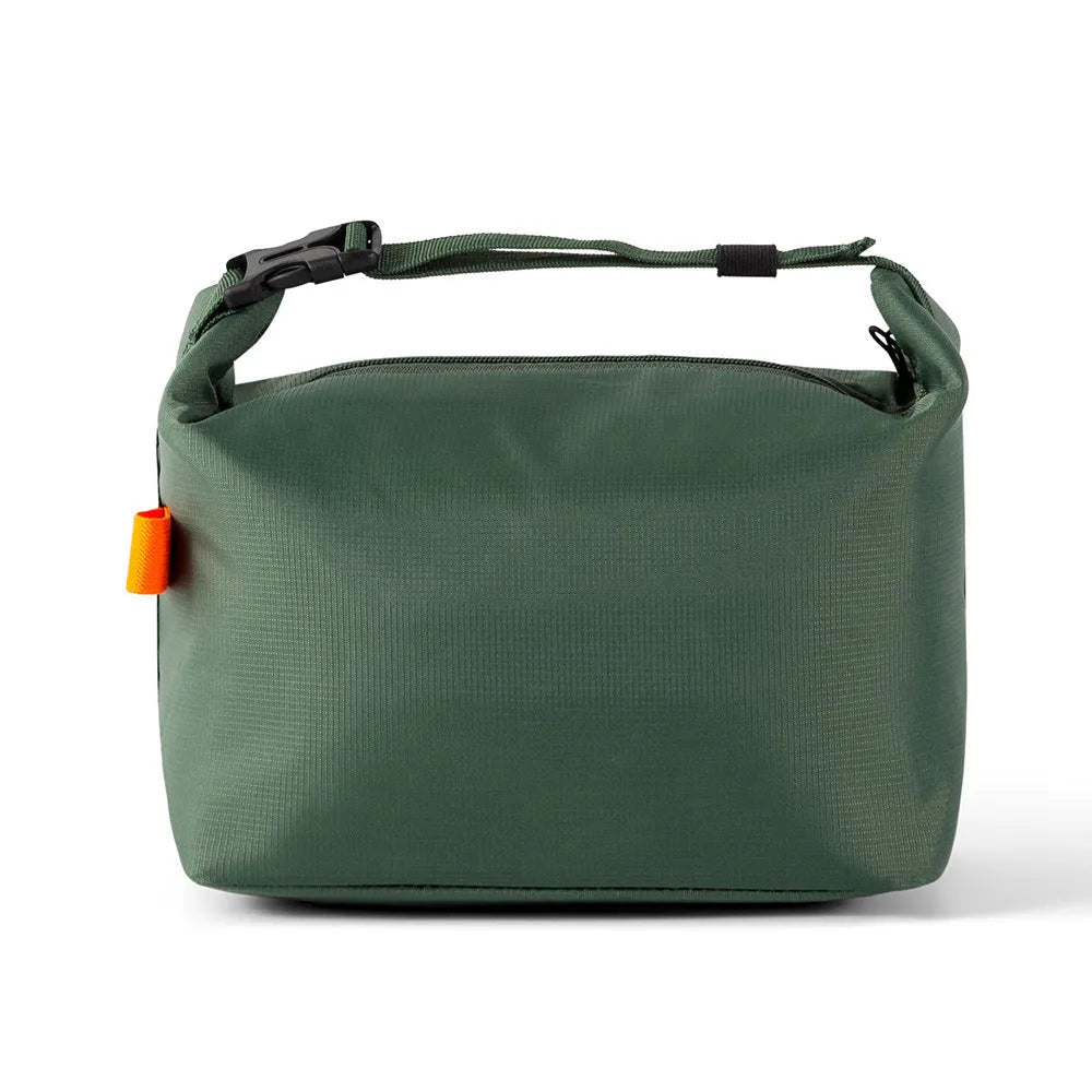 Japanese style insulated bag in army green Oxford cloth showing wide opening.