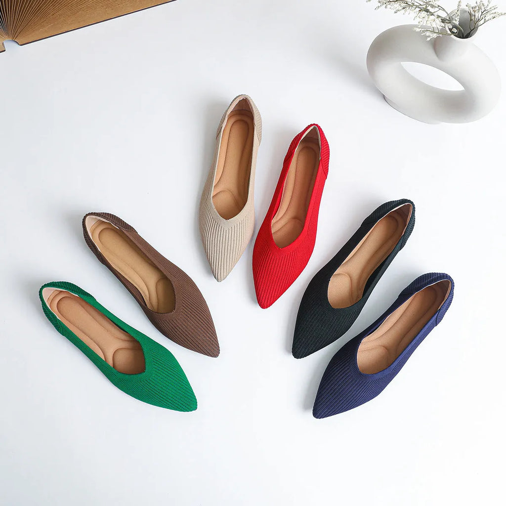 Women's apricot knit pointed flat pumps with a shallow mouth and rubber sole.