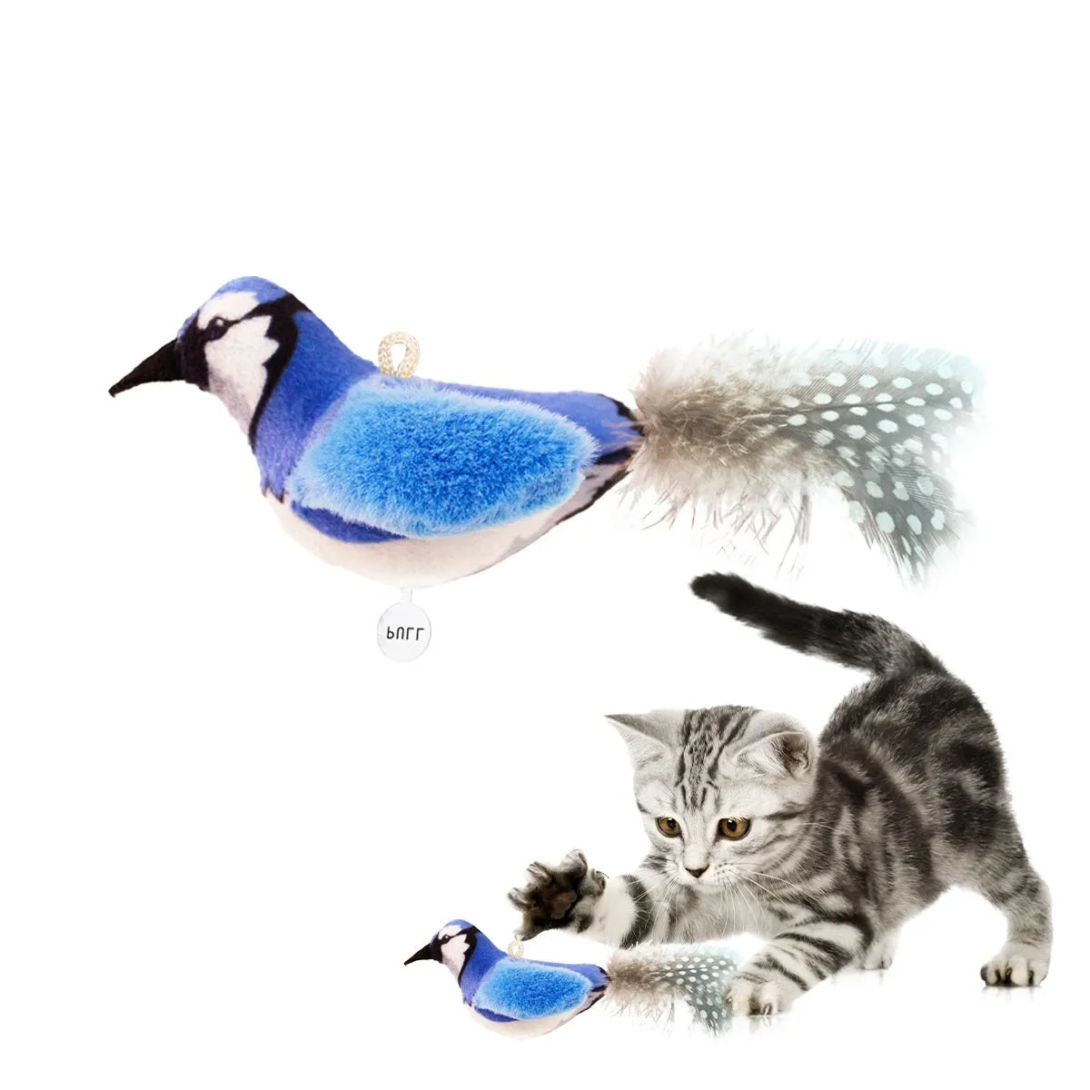Plush bird simulation cat toy in four colour options: blue kingfisher, colourful bird, sparrow, yellow bird