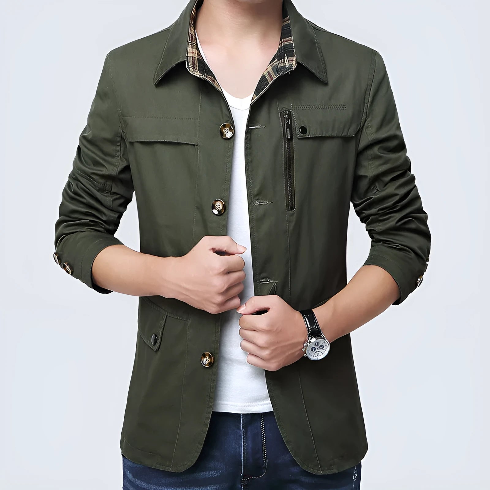 Cotton slim thin jacket for men displayed in front view