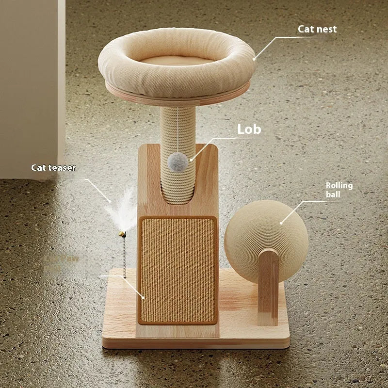Beige jute cat climbing frame with sisal scratching posts and curved design elements