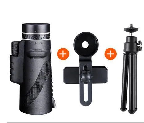 Black HD 40x60 cellphone telescope monocular with 40x magnification shown next to a smartphone.