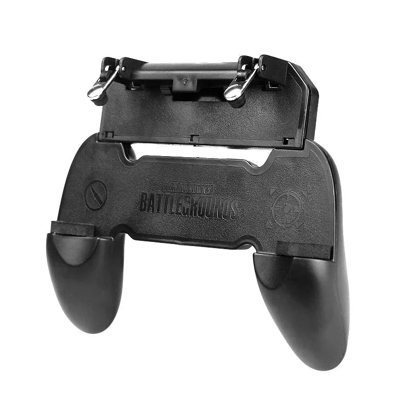 Black plug-in mobile phone gamepad with ergonomic handles and adjustable clamp holding a smartphone