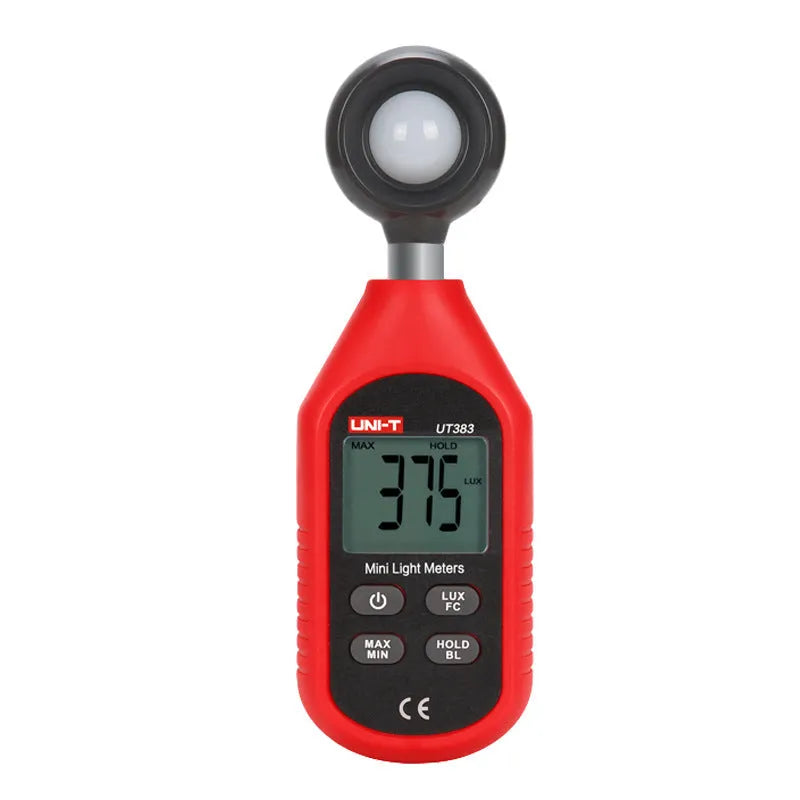 UT383 mini digital lux meter measuring light level with backlit LCD display