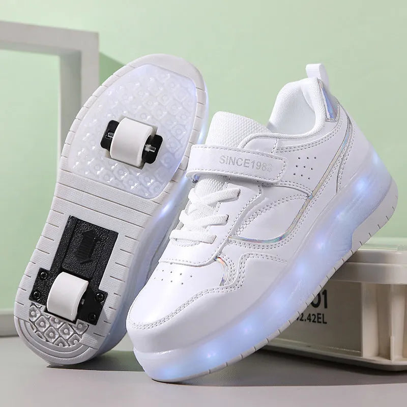 Boys and girls charging flash roller skates with LED lights in multiple colours and wheel configurations