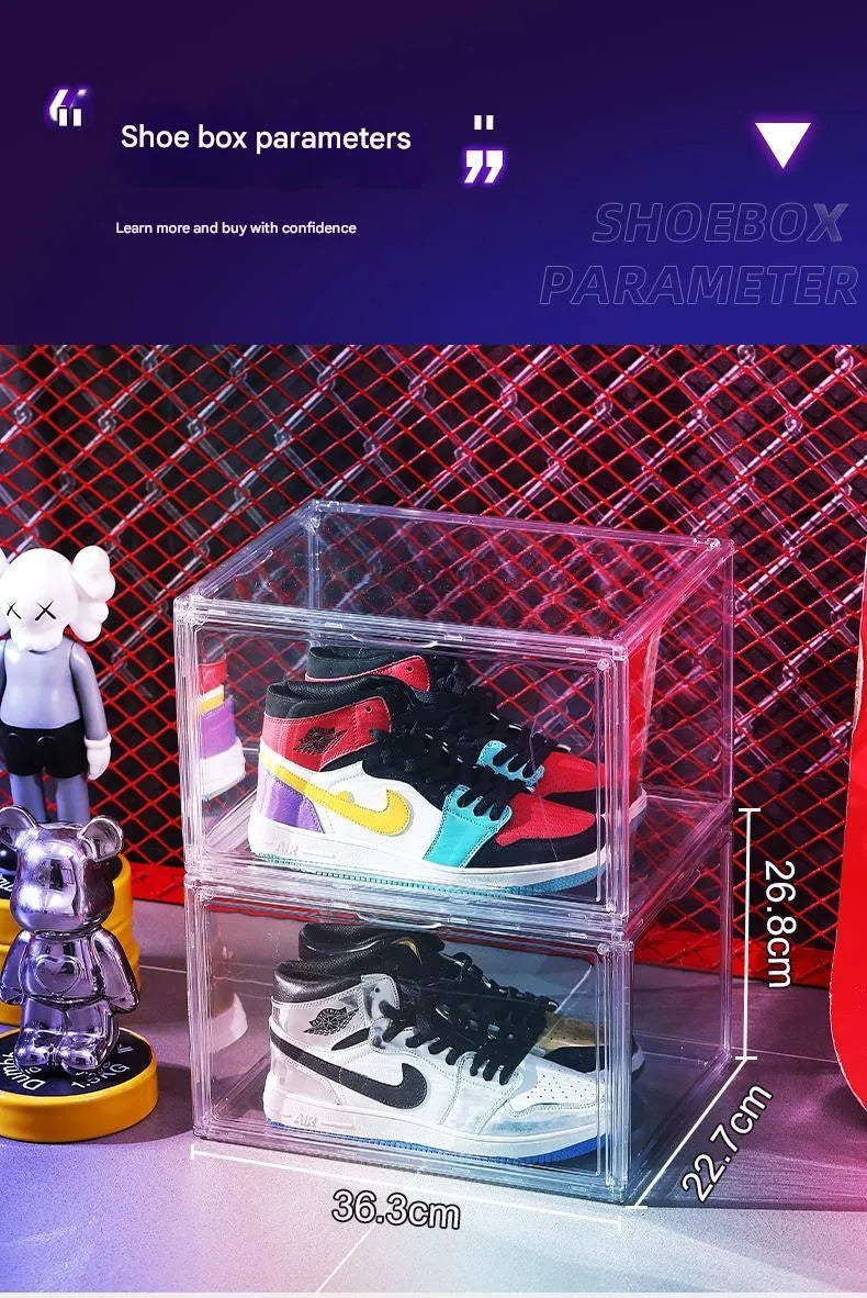 Large transparent acrylic shoe storage box with magnetic side door showing interior shoe storage