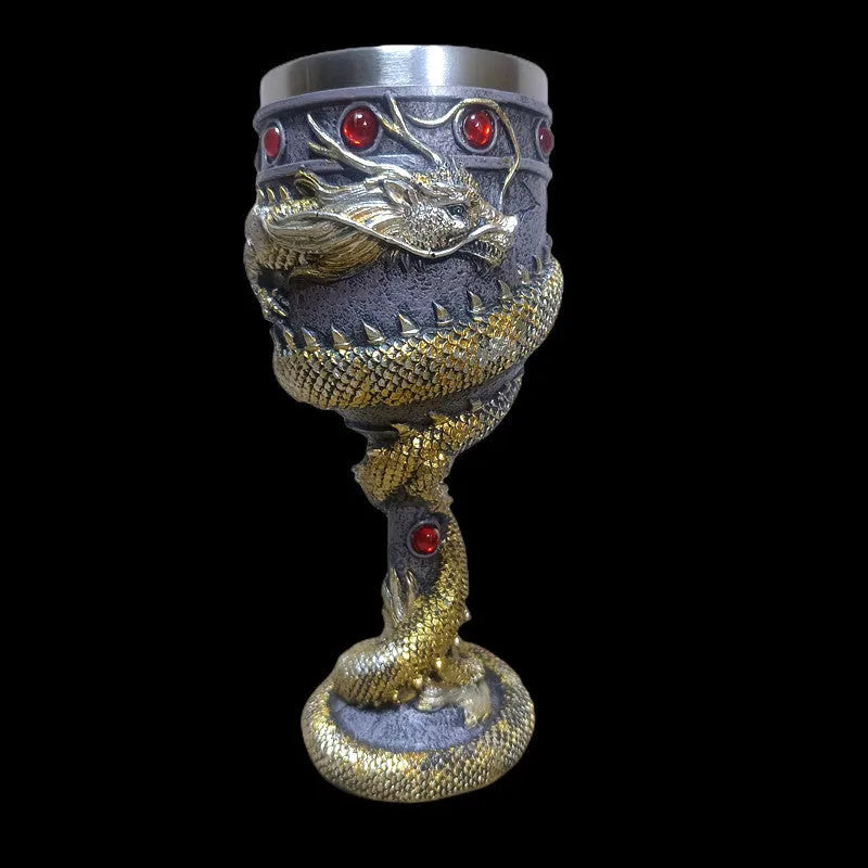 Chinese dragon 3D wine glass with resin ornament on stainless steel stem, 200ml capacity in gold colour