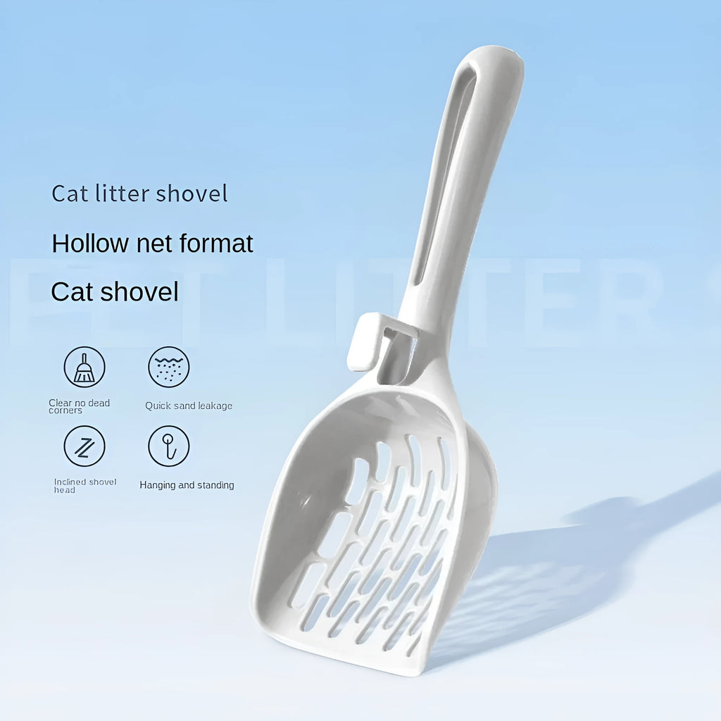 Grey plastic cat litter scoop with storage base showing self-cleaning slots and ergonomic handle