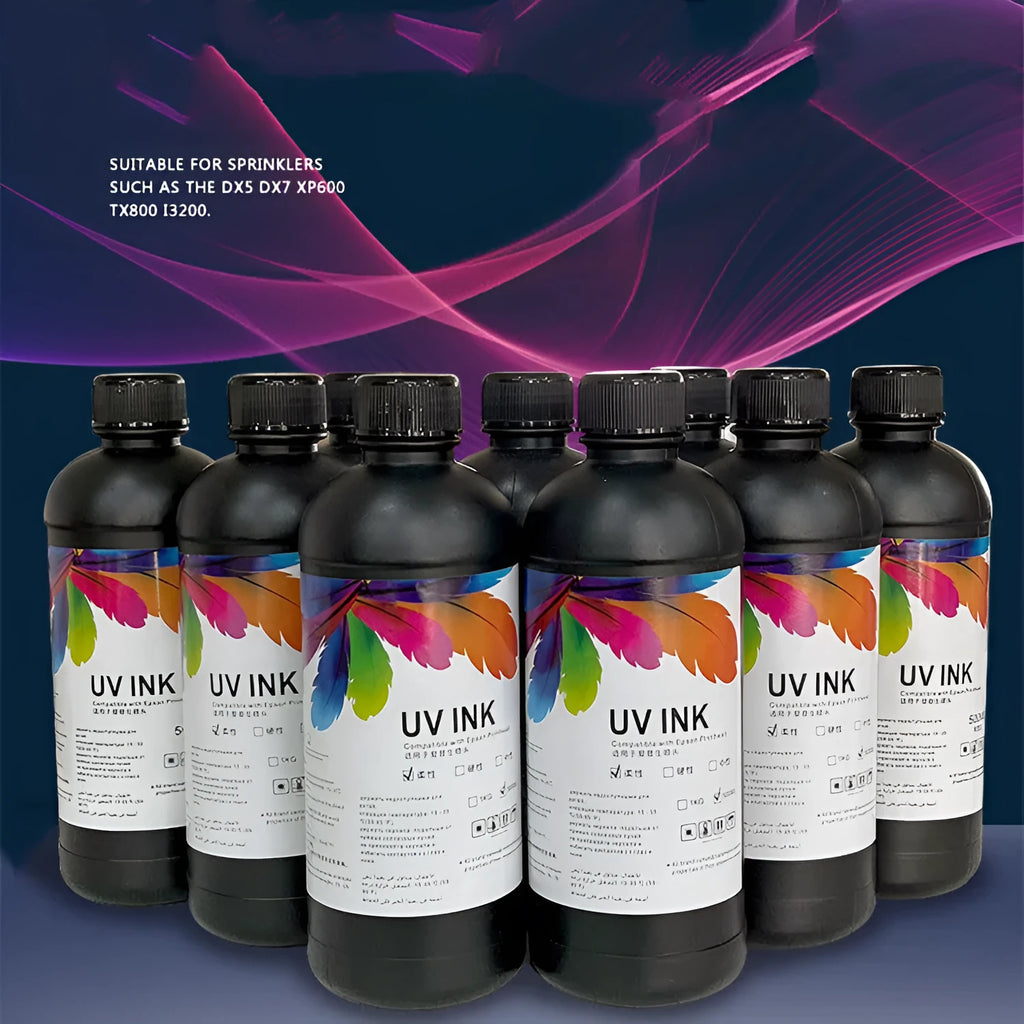 500ml bottle of Epson-compatible UV printer ink in black, cyan, magenta, yellow, light cyan, light magenta, white, and glossy colours.