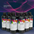 500ml bottle of Epson-compatible UV printer ink in black, cyan, magenta, yellow, light cyan, light magenta, white, and glossy colours.