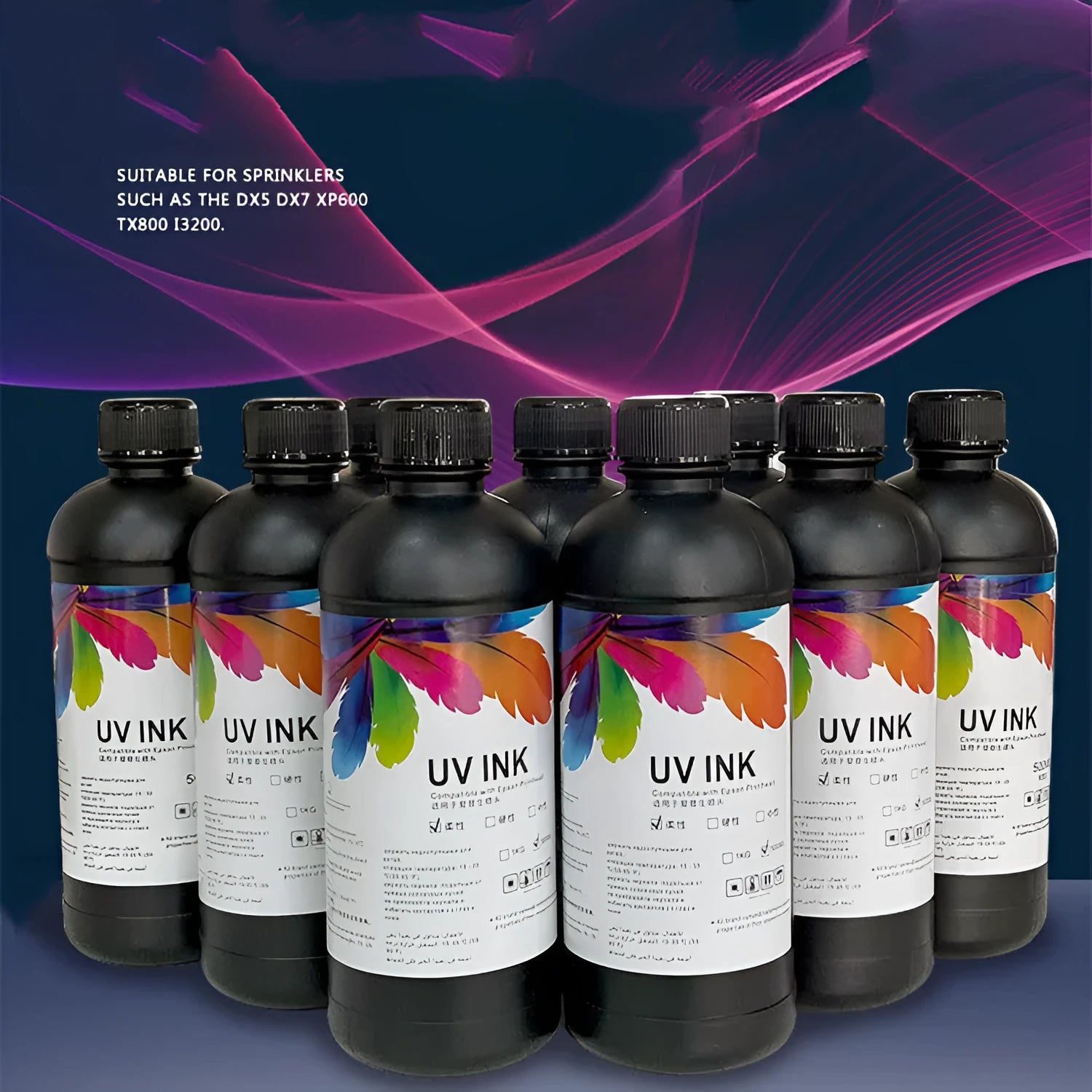 500ml bottle of Epson-compatible UV printer ink in black, cyan, magenta, yellow, light cyan, light magenta, white, and glossy colours.