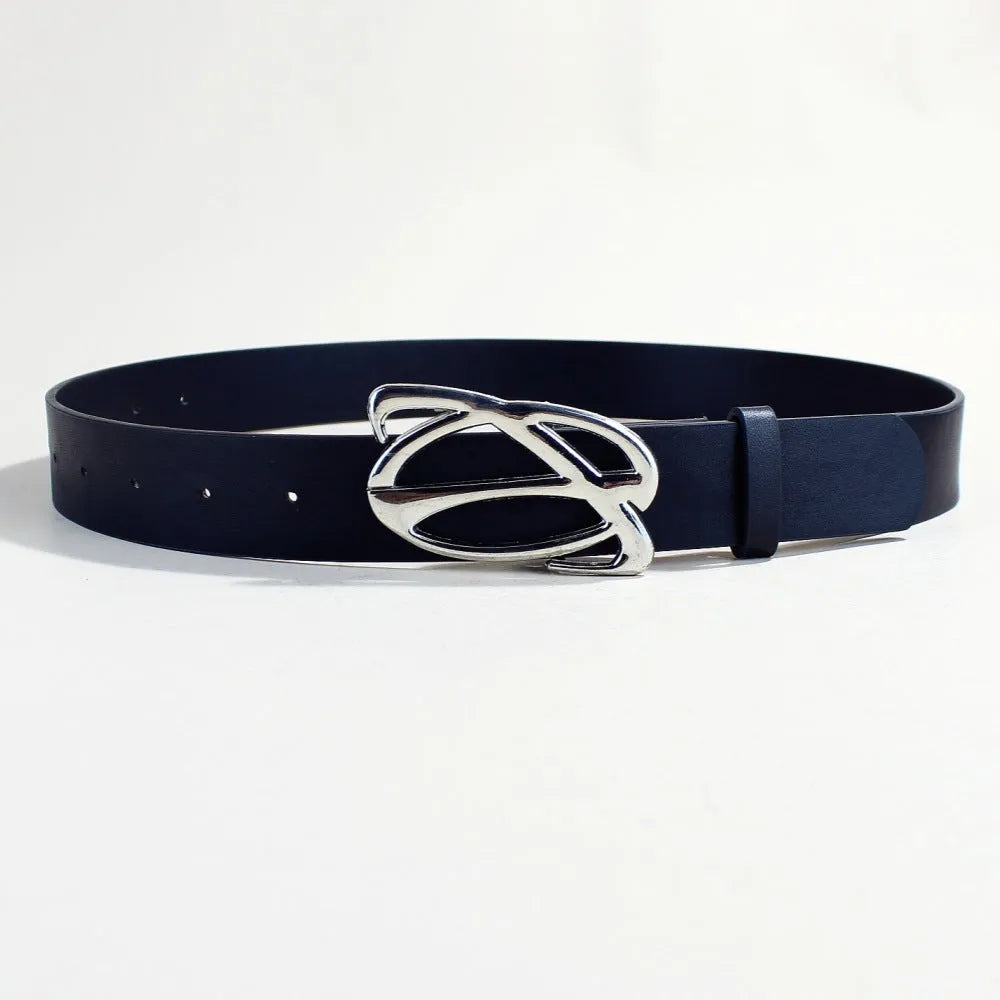 Men's casual silver buckle belt with PU leather strap measuring 105cm long