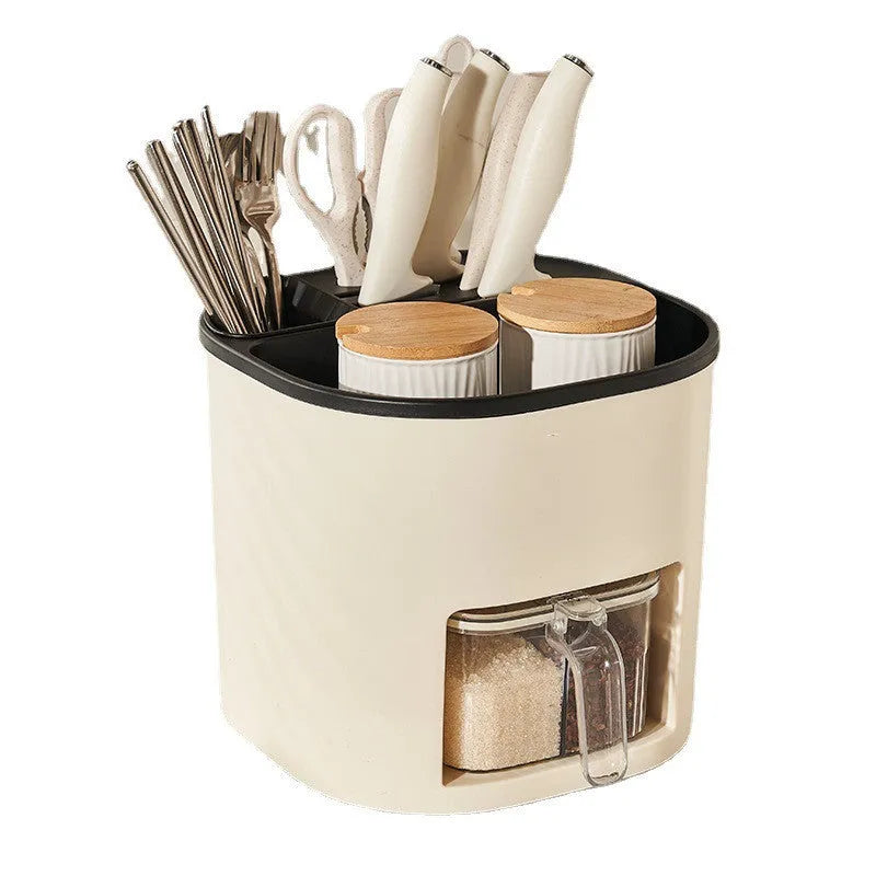 Rotating kitchen storage container with spice box organises utensils and seasonings