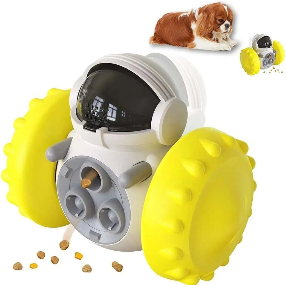 Self-balancing dog treat dispenser toy for small pets in robot design with roller system