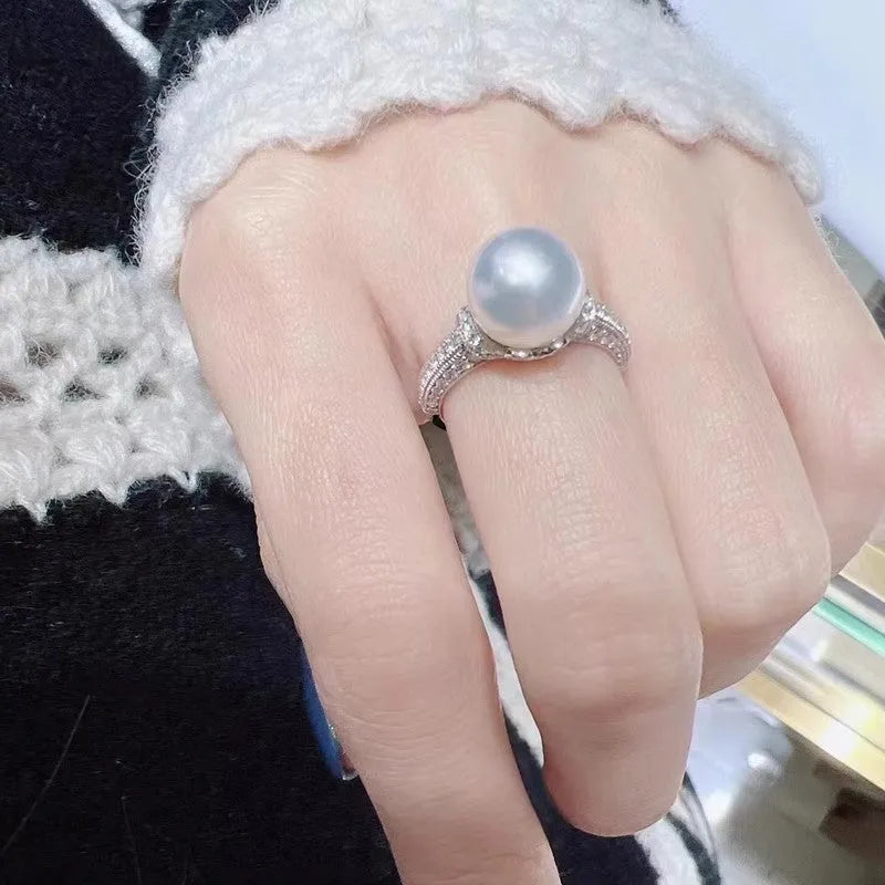 Pearl light luxury ring for women, copper base with white gold colour finish, size No 7