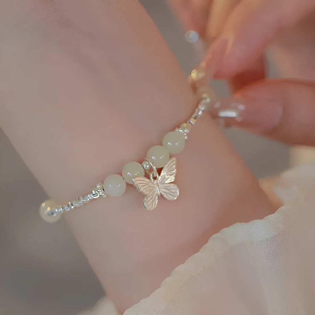 Hetian jade silver butterfly bracelet and necklace set for women with electroplated copper construction