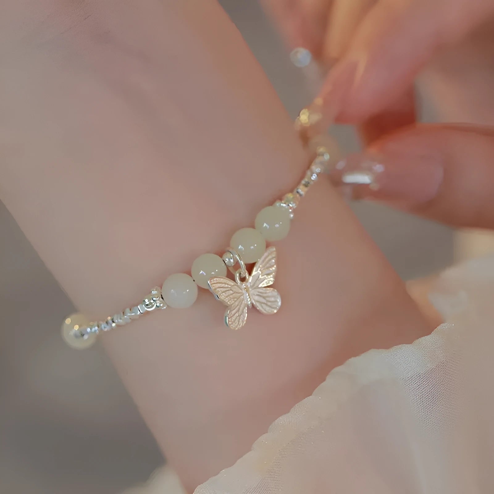 Hetian jade silver butterfly bracelet and necklace set for women with electroplated copper construction