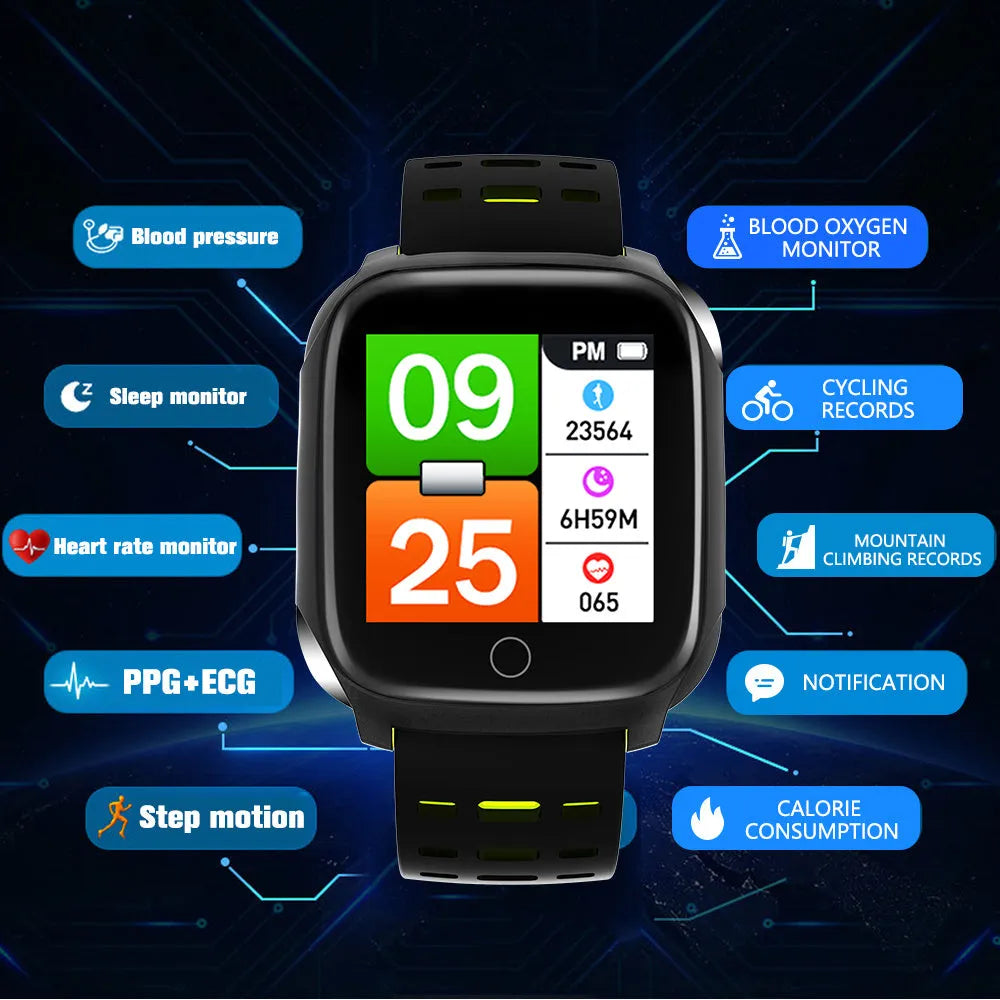 F16 Smart Watch with ECG monitoring on silicone wristband showing black/green, black/grey, and black/red colour options