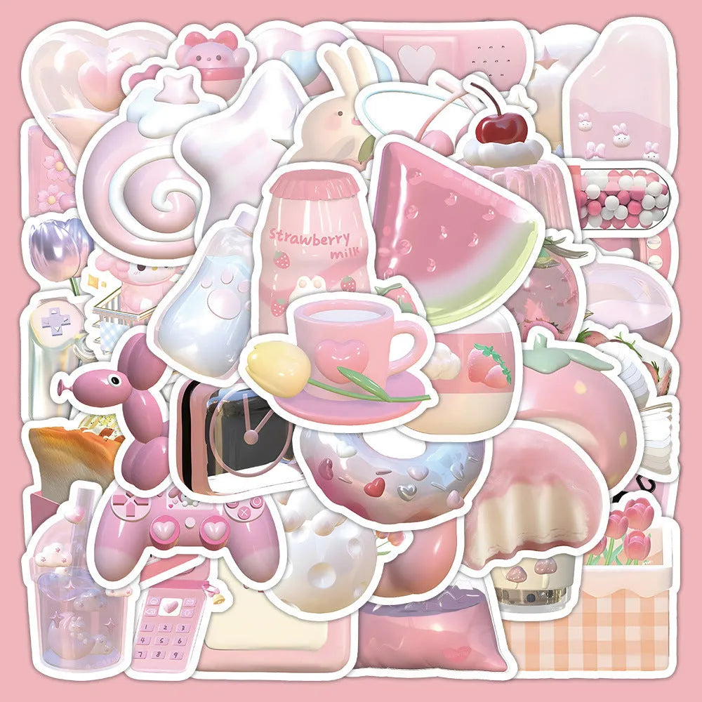 Set of 63 realistic 3D decorative stickers with cute pink girl heart designs.