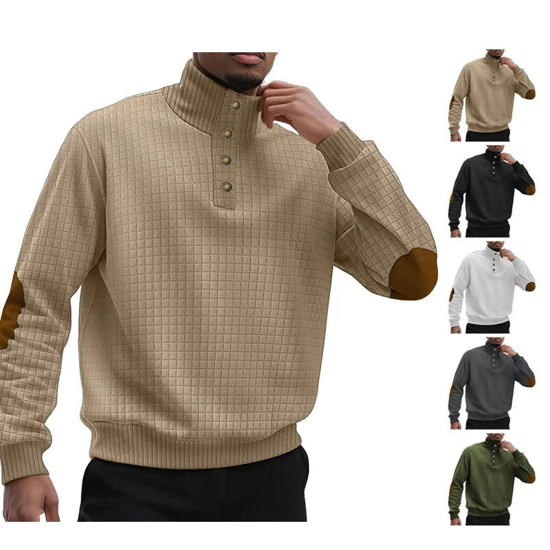 Men's casual jacquard small plaid stand collar long-sleeved sweater in khaki, polyester blend, full front view