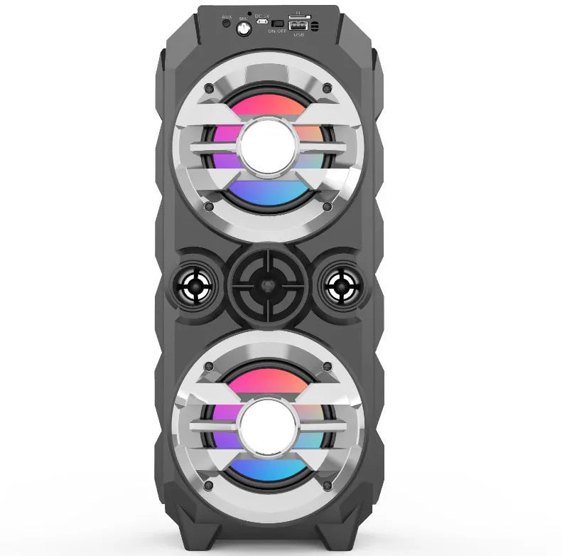 Portable Bluetooth speaker with colour light display and pull rod handle in blue plastic casing