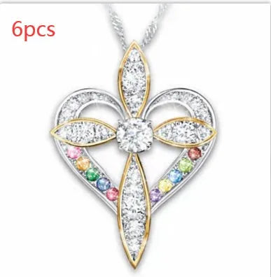 Alloy heart shaped cross pendant necklace on adjustable clavicle chain, unisex style, electroplated finish