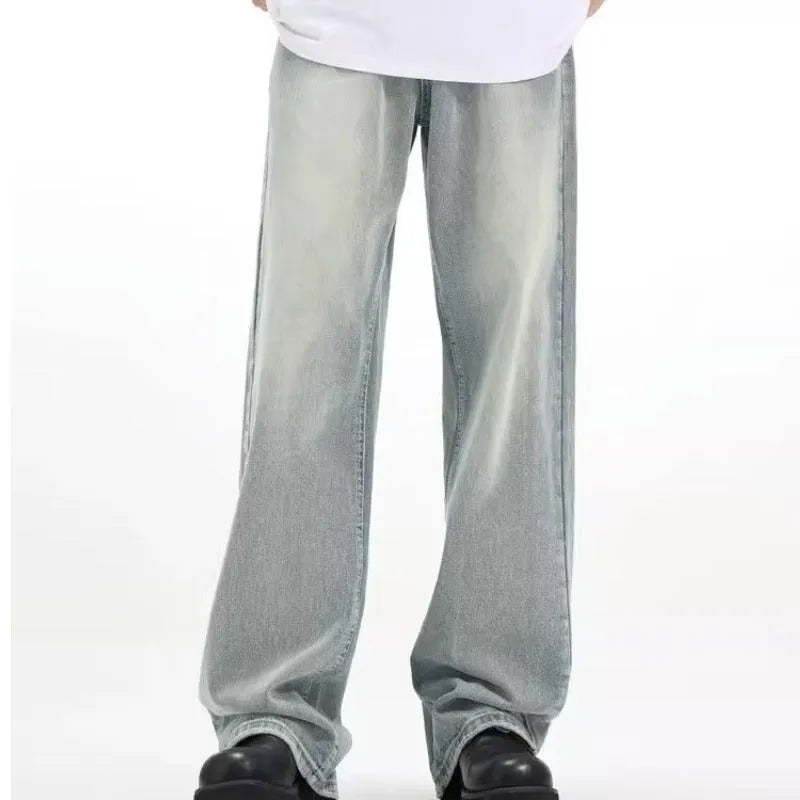 Blue retro loose casual trousers made from rabbit fur fabric with high elasticity