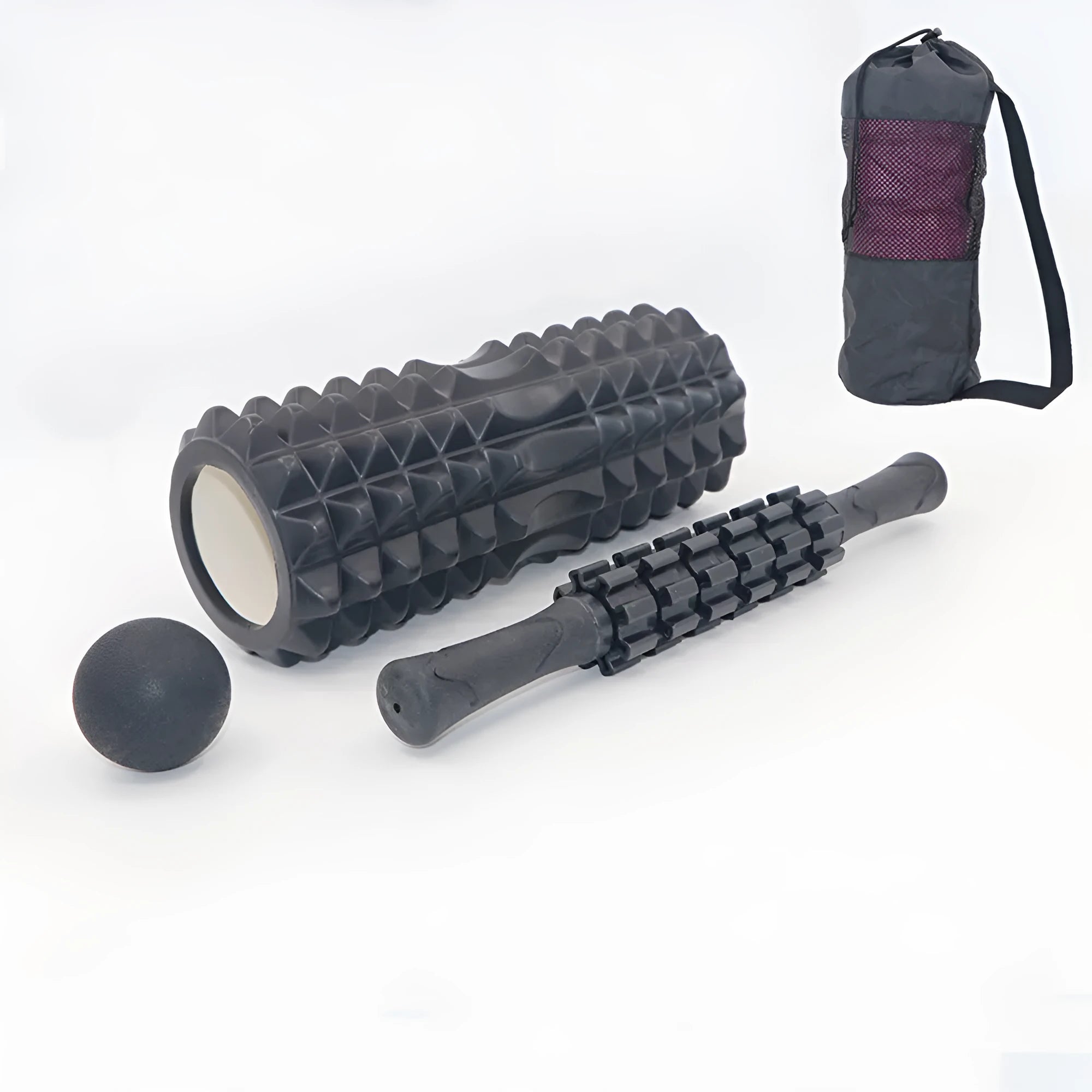 Black 33cm gear-textured foam massage roller on a white background.