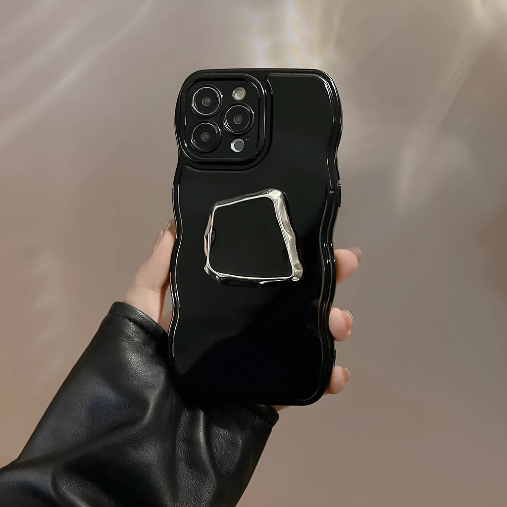 Black metallic TPU phone case with dark bracket and wave pattern for Apple iPhone